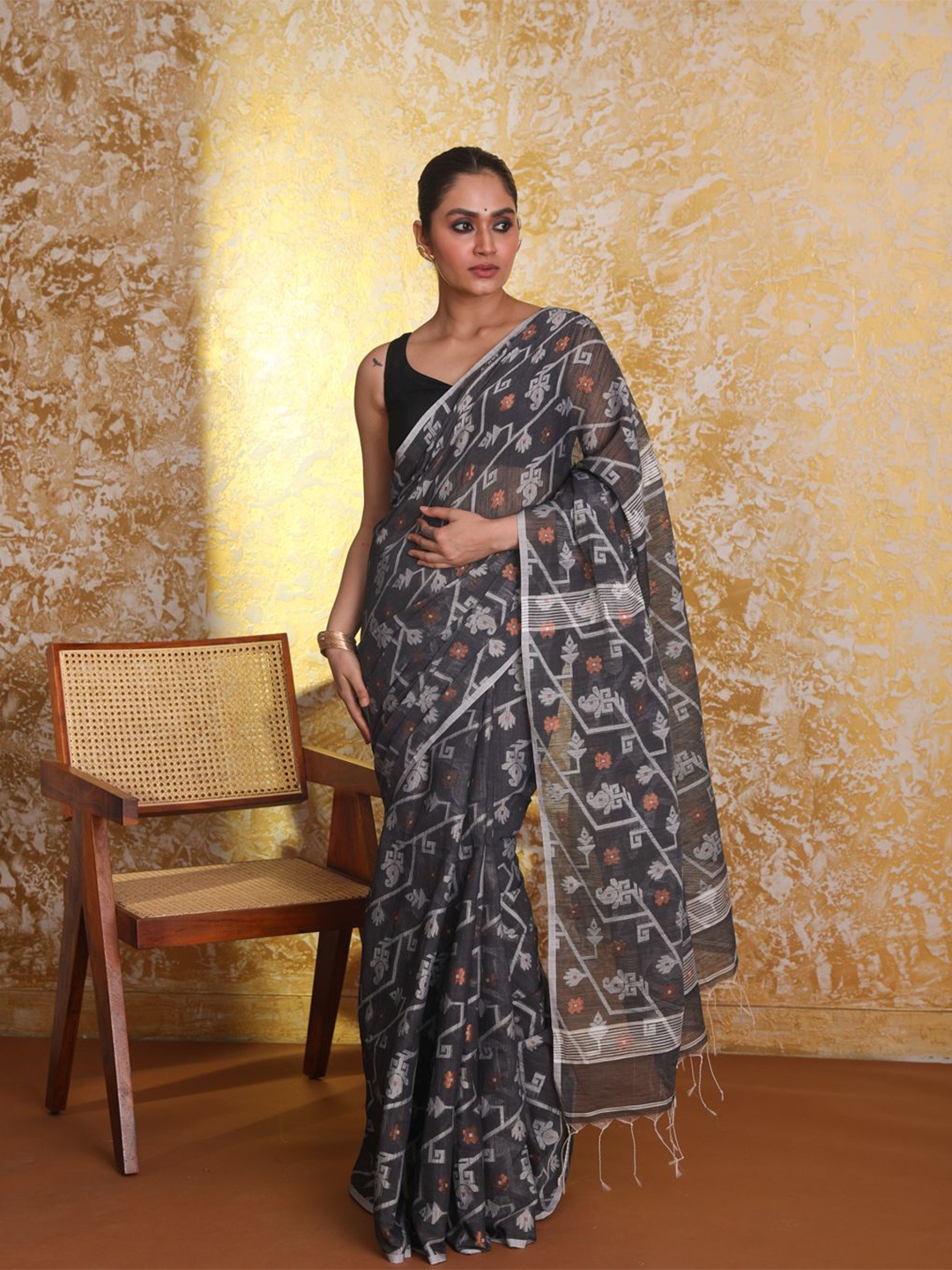 

Indethnic Woven Design Jamdani Saree, Black