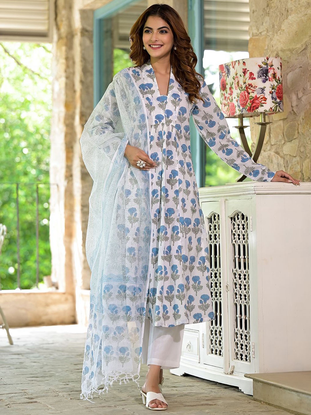 

Divena Floral Printed V-Neck Pure Cotton Empire A-Line Kurta With Trouser & Dupatta, White