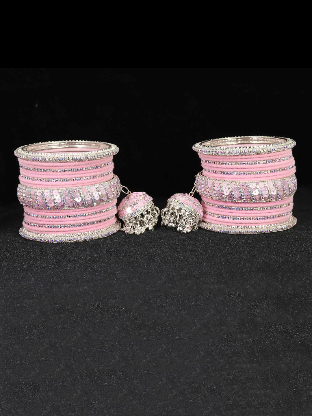 

NMII Set Of 38 Zircon Stone & Bells Jhumka Latkan Bangles, Pink