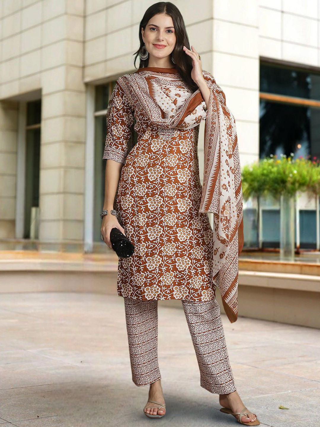 

7Threads Floral Printed Pure Cotton Straight Kurta With Trousers & Dupatta, Rust