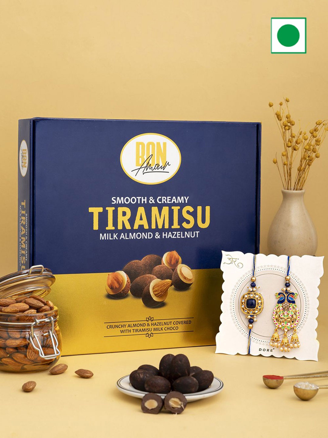 

Hyperfoods 2 Pieces Milk Almond Chocolate 200gm With Bhaiya Bhabhi Rakhi, Blue