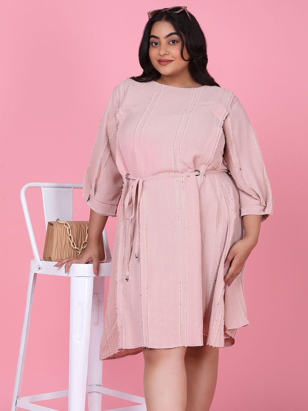 

SHOWOFF Plus Size Puff Sleeve Fringed Fit & Flare Dress, Peach