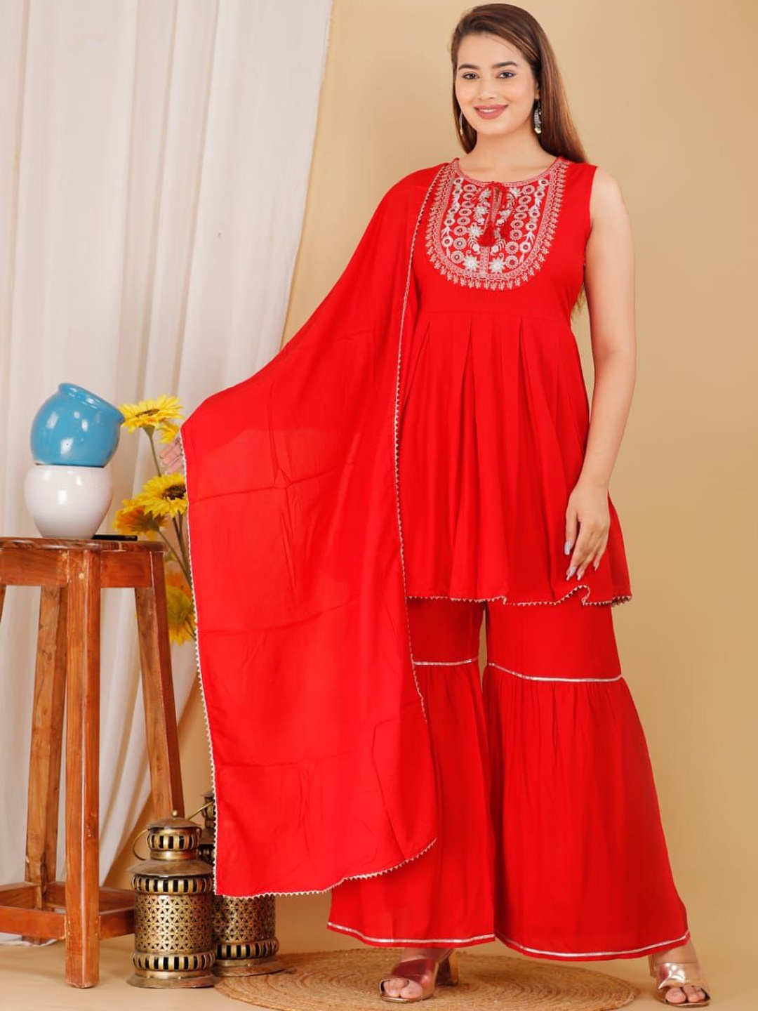 

SHOOLIN Ethnic Motifs Yoke Design Mirror Work A-Line Kurta With Sharara & With Dupatta, Red