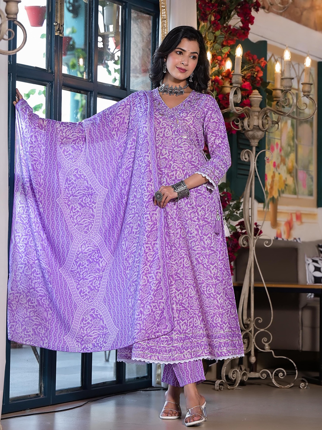 

KALINI Floral Embroidered Angrakha Pure Cotton Kurta with Trousers & Dupatta, Lavender