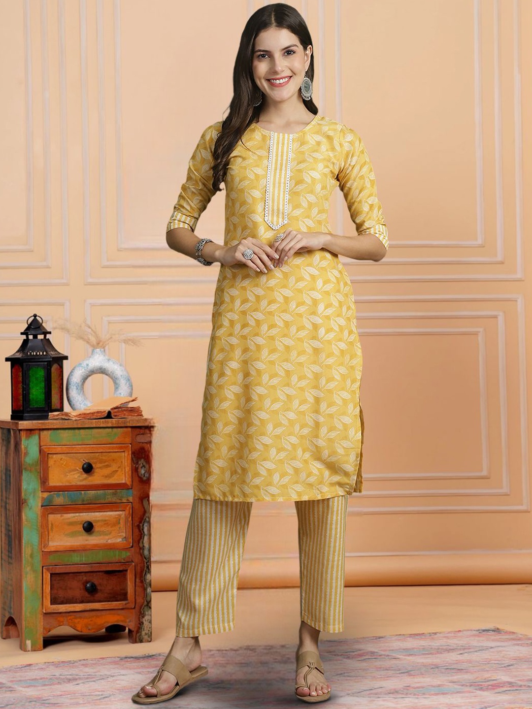 

7Threads Floral Printed Straight Pure Cotton Kurta with Trousers & Dupatta, Yellow