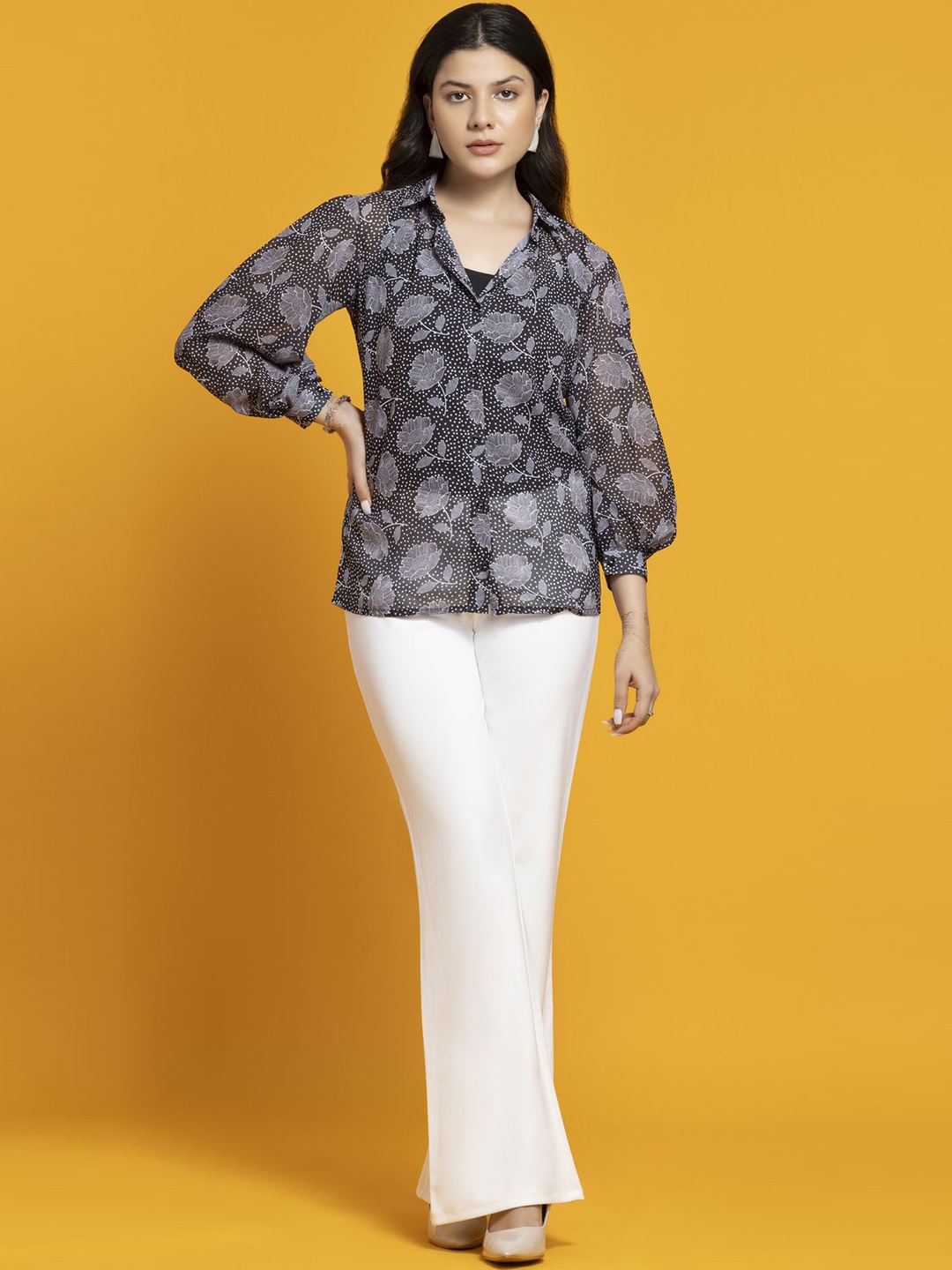 

SEW YOU SOON Print Flared Sleeve Georgette Top, Black