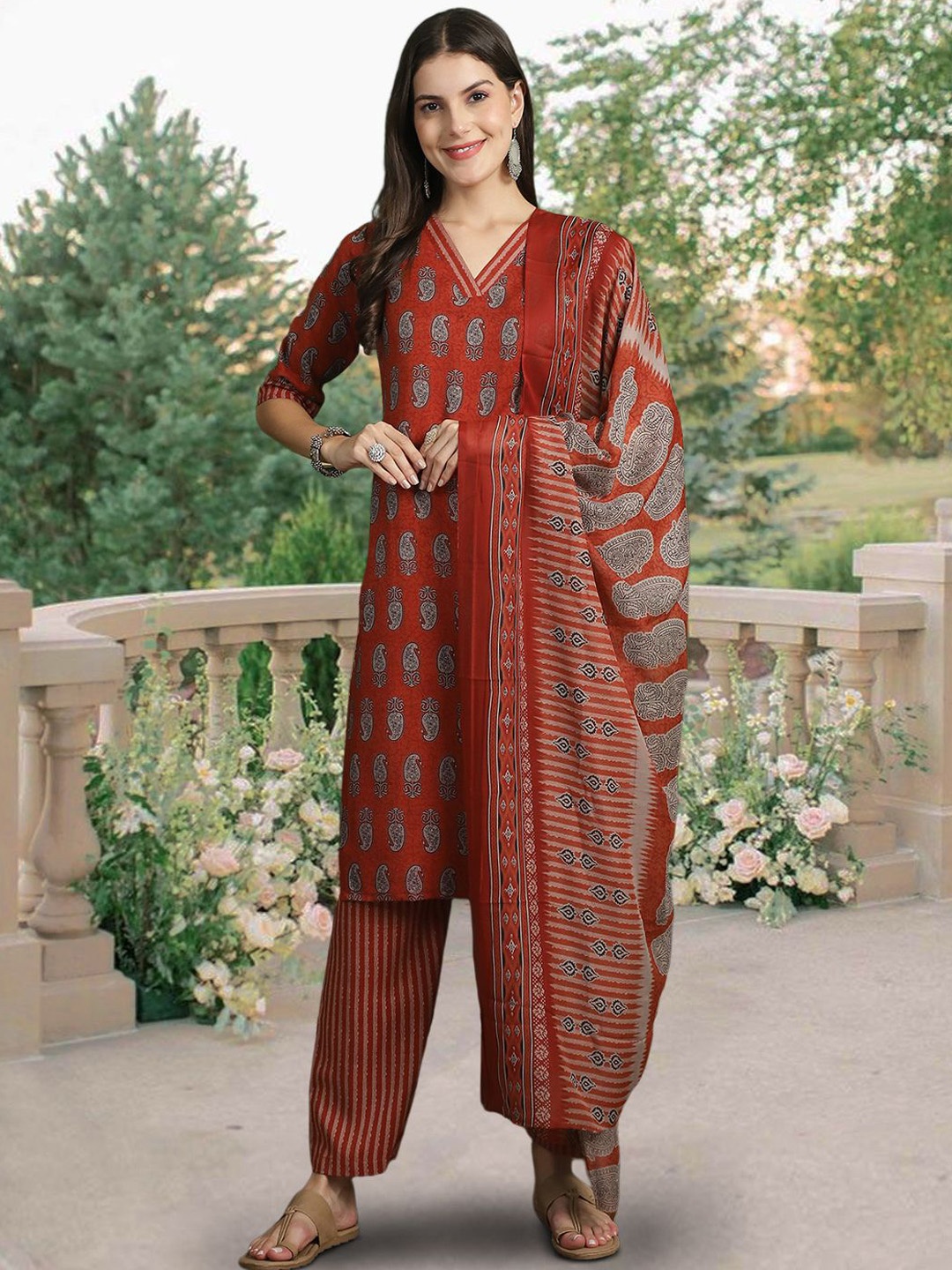 

7Threads Floral Printed V-Neck Straight Pure Cotton Kurta With Trousers & Dupatta, Red