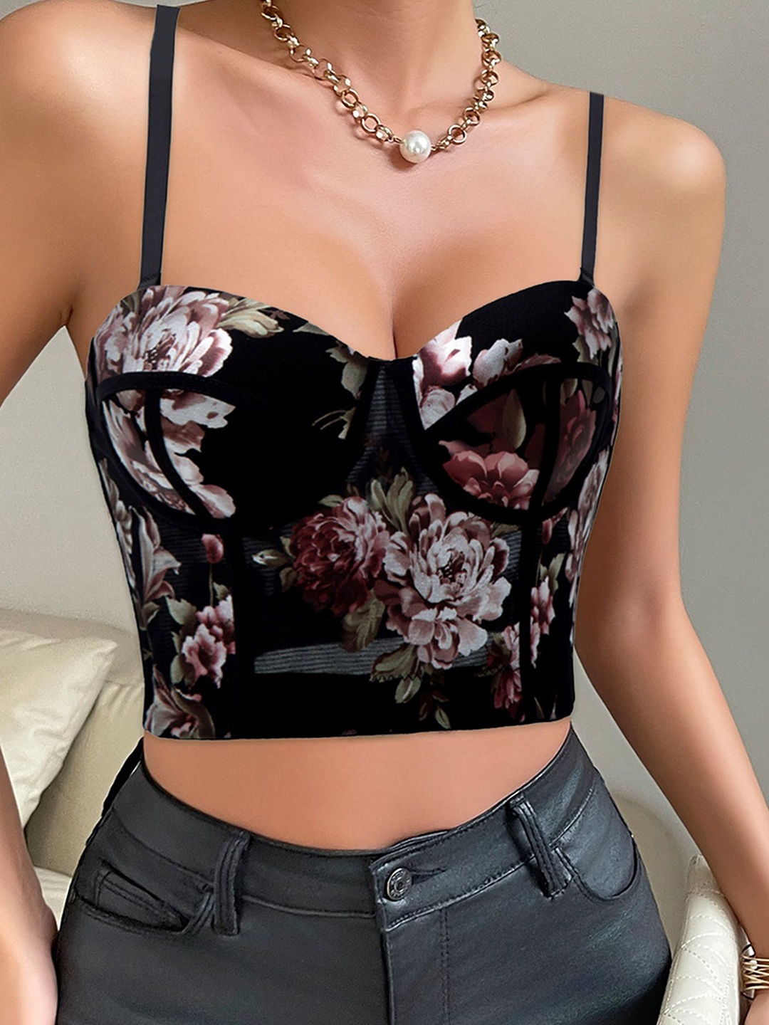 

LULU & SKY Floral Print Crop Corset Top, Black