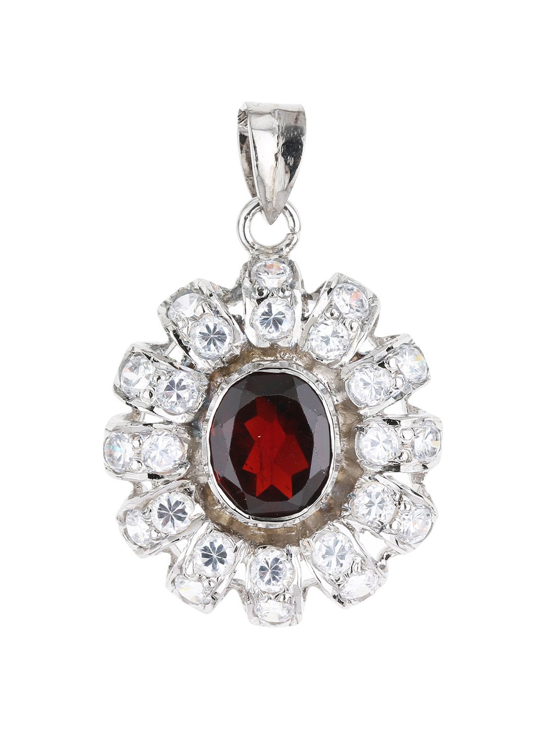 

Exotic India Garnet and Cubic Zirconia Flower Sterling Silver Pendant