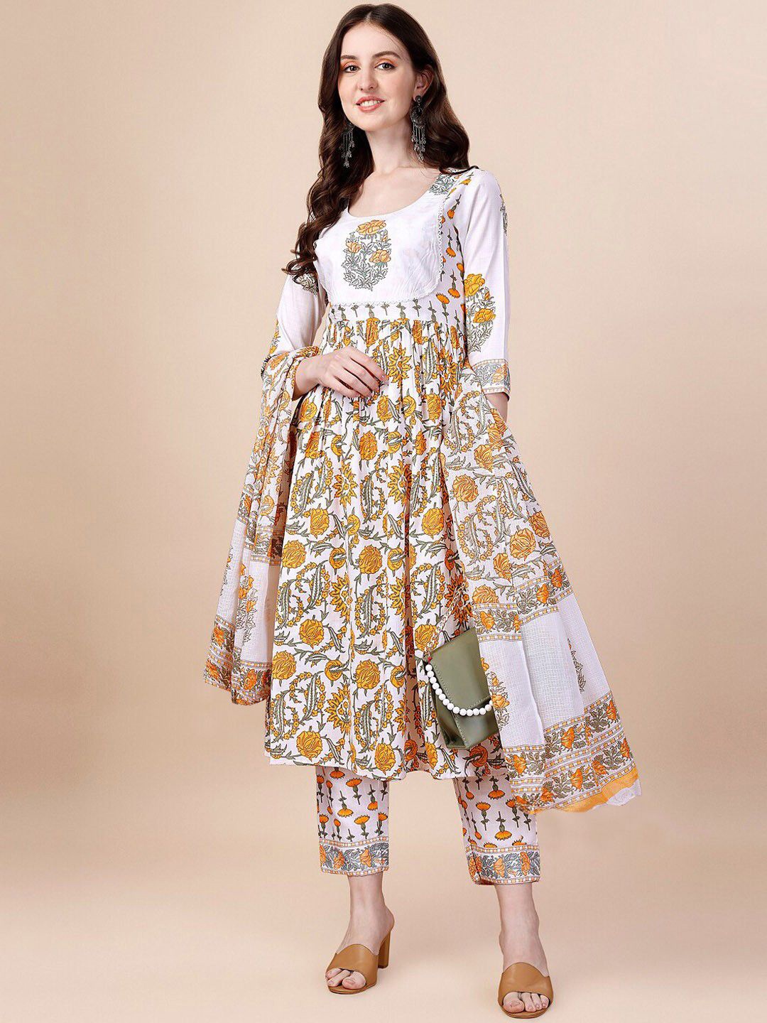 

7Threads Ethnic Motifs Printed Pleated Anarkali Kurta With Trousers & Dupatta, Yellow