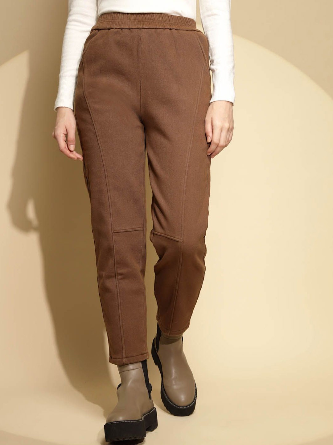 

Global Republic Women Solid High-Rise Regular Fit Trouser, Brown