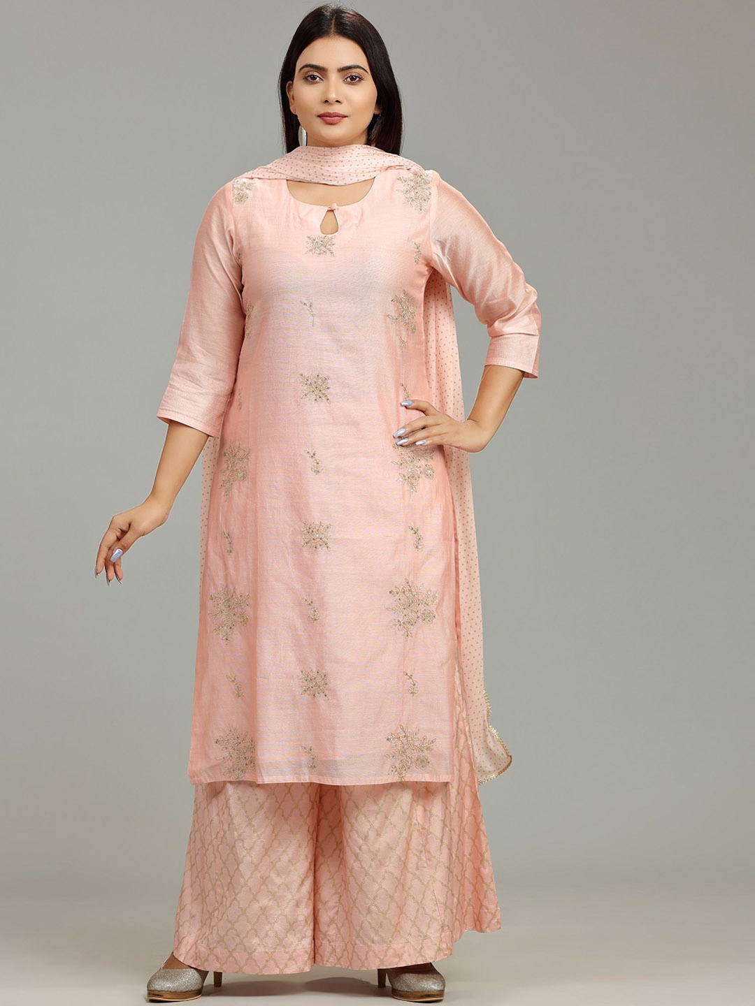 

COTTON CULTURE Floral Embroidered Chanderi Cotton Kurta with Palazzos & Dupatta, Peach