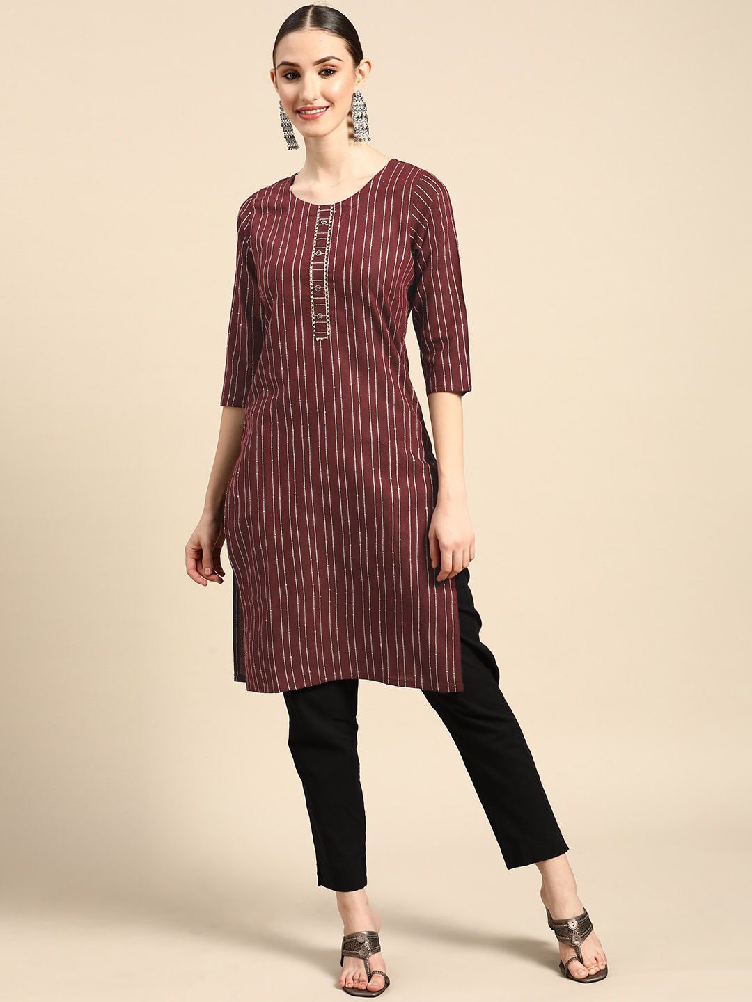

Sangria Maroon Striped Gotta Patti Straight Kurta