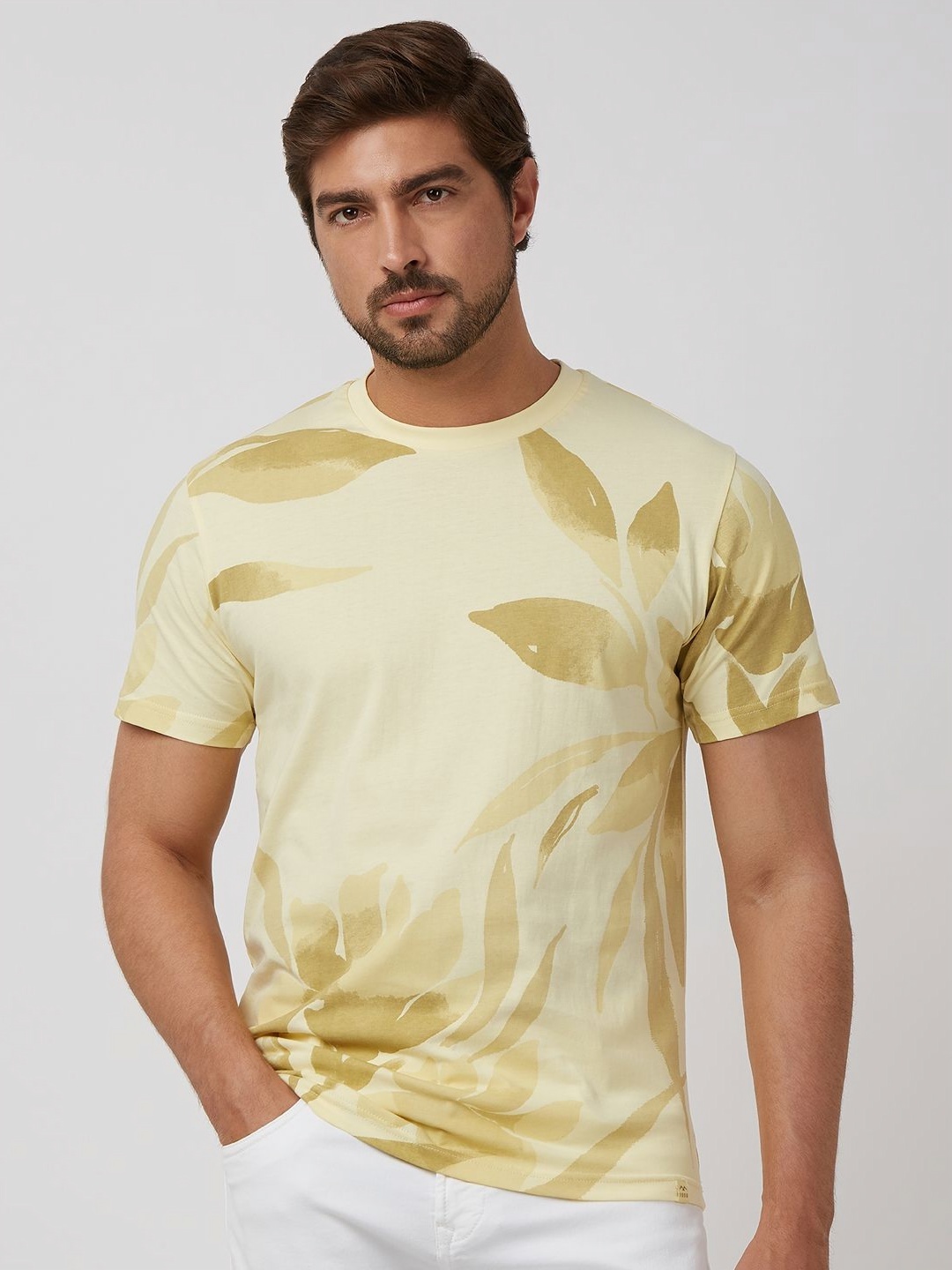 

Mufti Men Floral Printed Round Neck Cotton Slim Fit T-shirt, Yellow