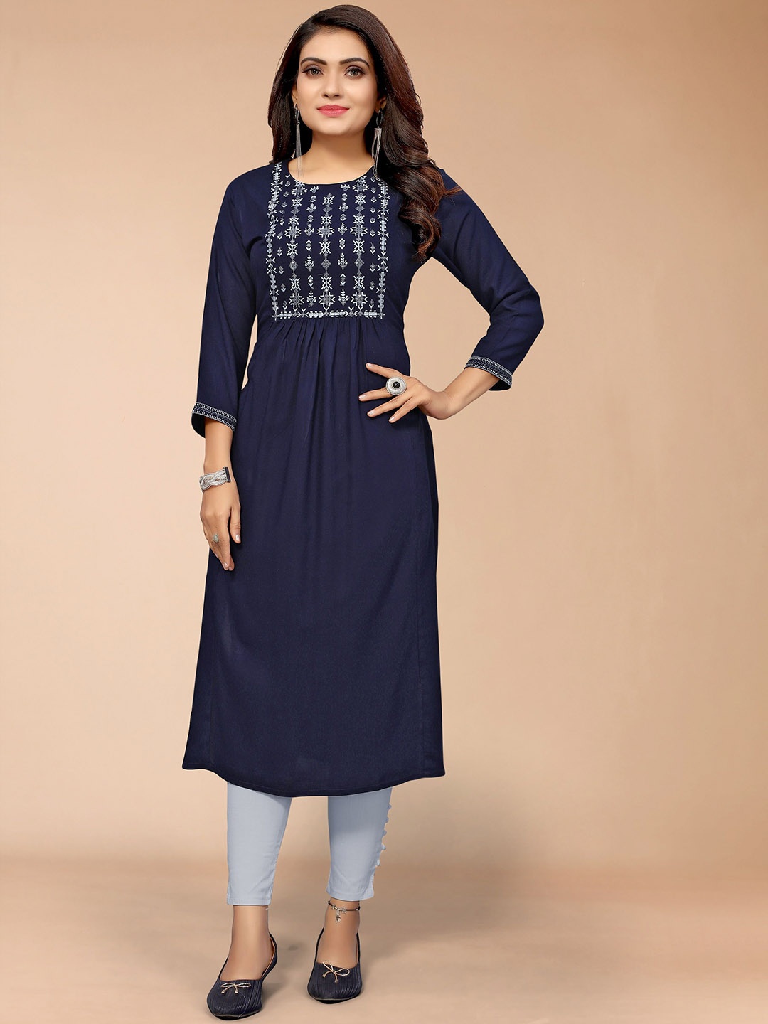 

Sangria Navy Blue Ethnic Motifs Embriodered Sequinned Straight Kurta