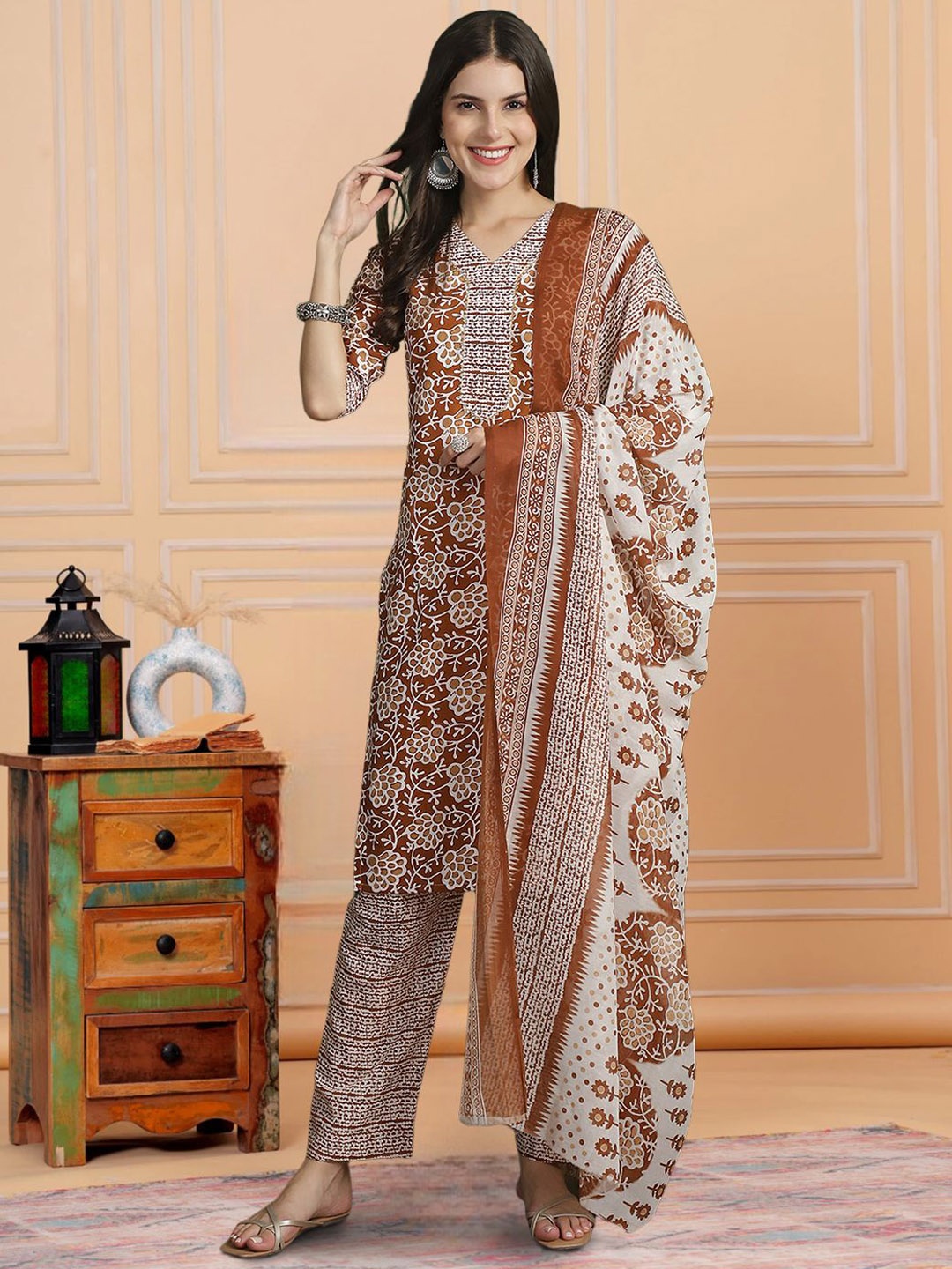 

7Threads Floral Printed Pure Cotton V-Neck Straight Kurta With Trousers & Dupatta, Rust