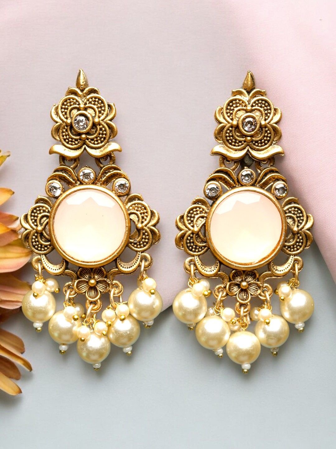 

ADIVA Gold-Plated Stone Studded & Beaded Floral Drop Earrings