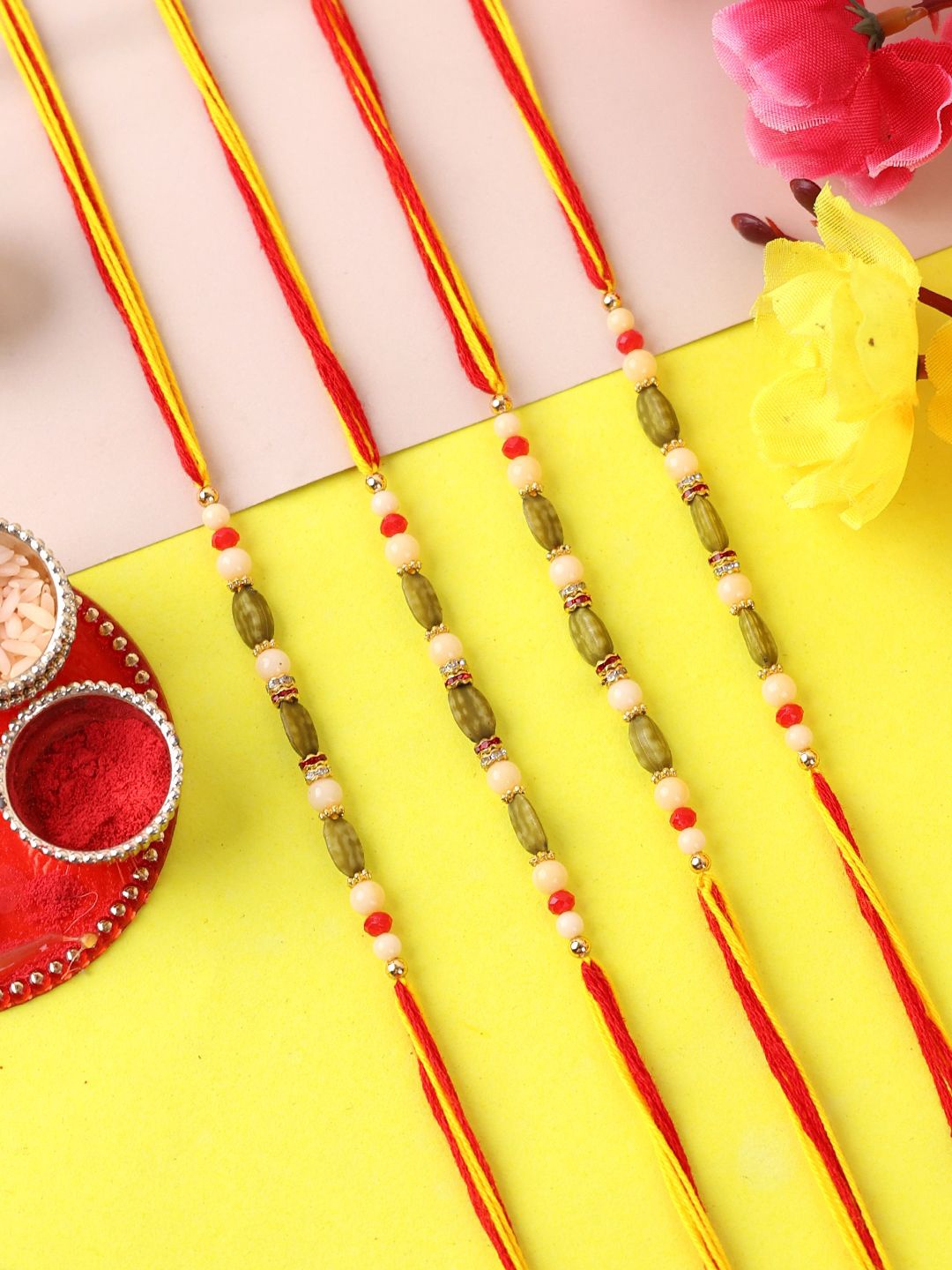 

PANASH Set Of 4 Mauli Thread Rakhis With Roli Chawal, Red
