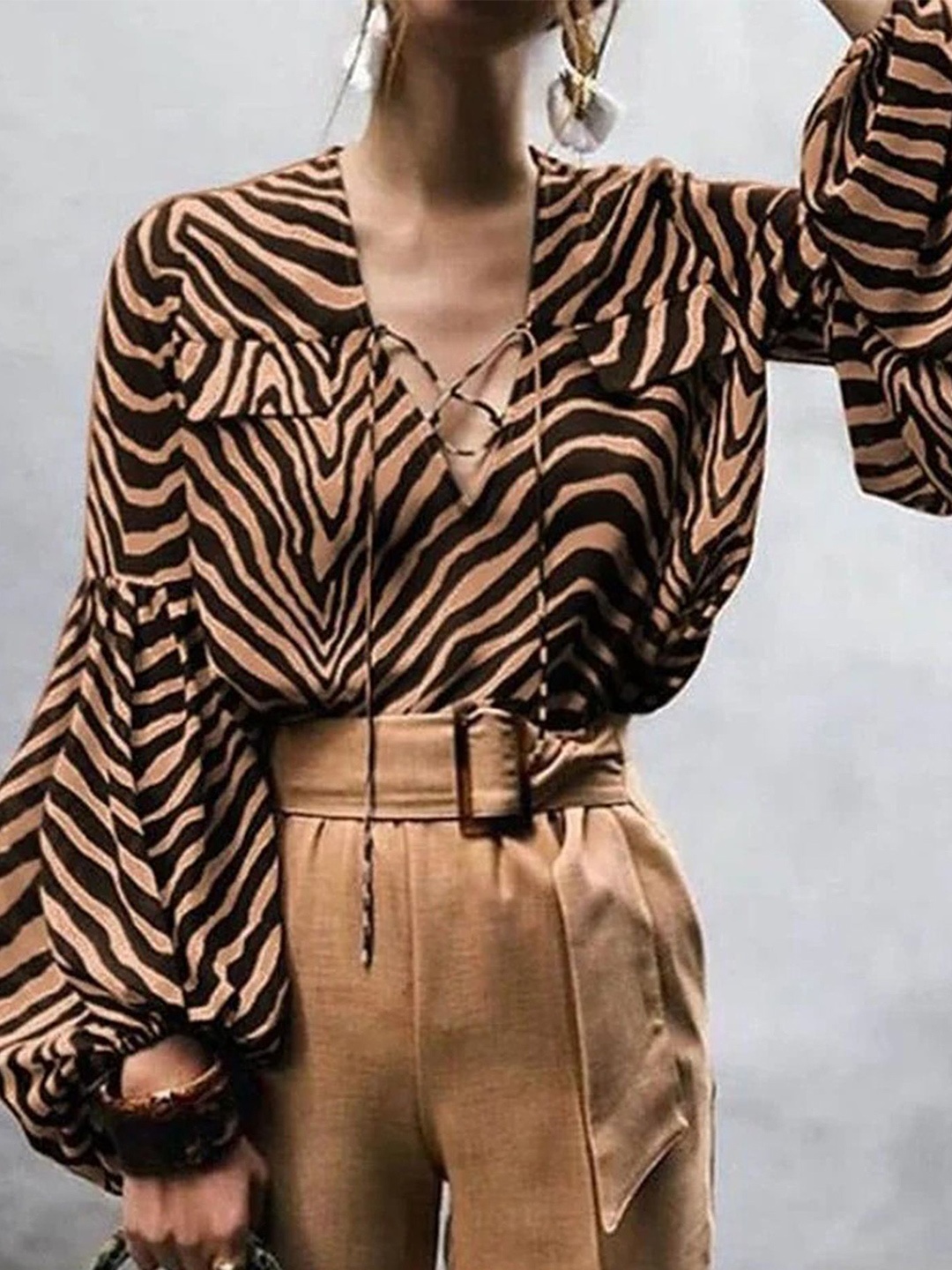

LULU & SKY Animal Print Extended Sleeves Wrap Crop Top, Brown