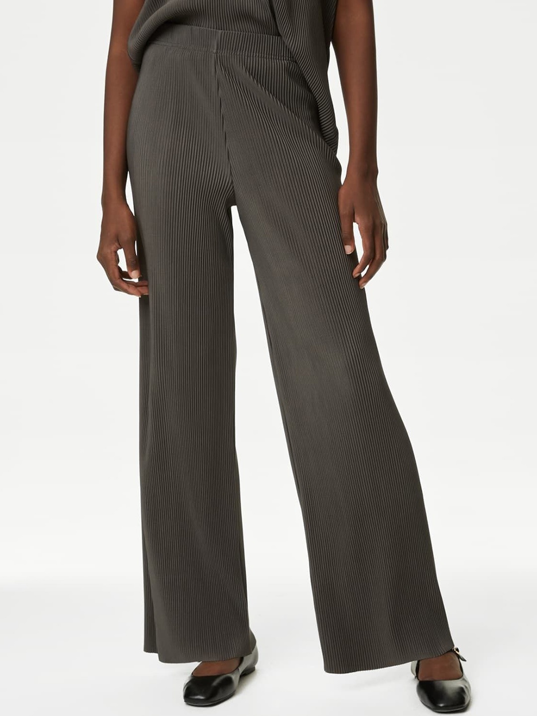 

Marks & Spencer Women Flared High-Rise Parallel Trousers, Khaki