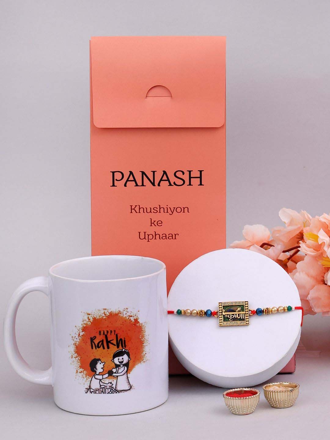 

PANASH Beaded Rakhi With Roli Rice & Mugs, Gold