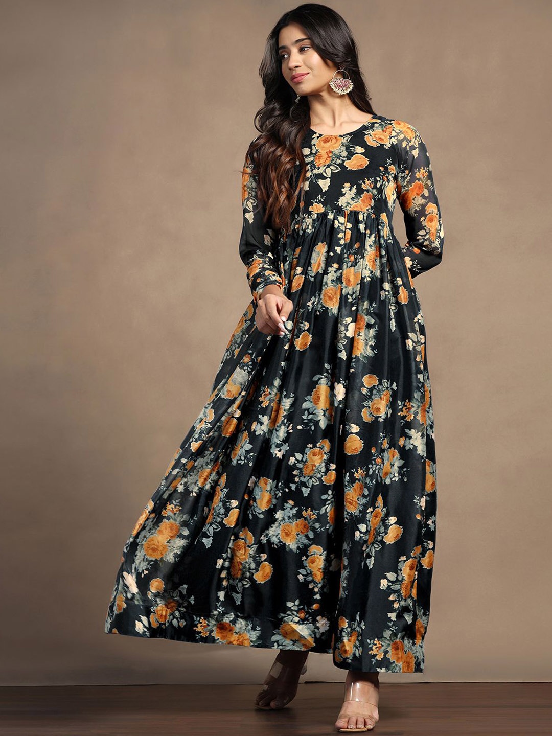 

FASHION DREAM Women Printed Fit and Flare Maxi Ethnic Dress, Black
