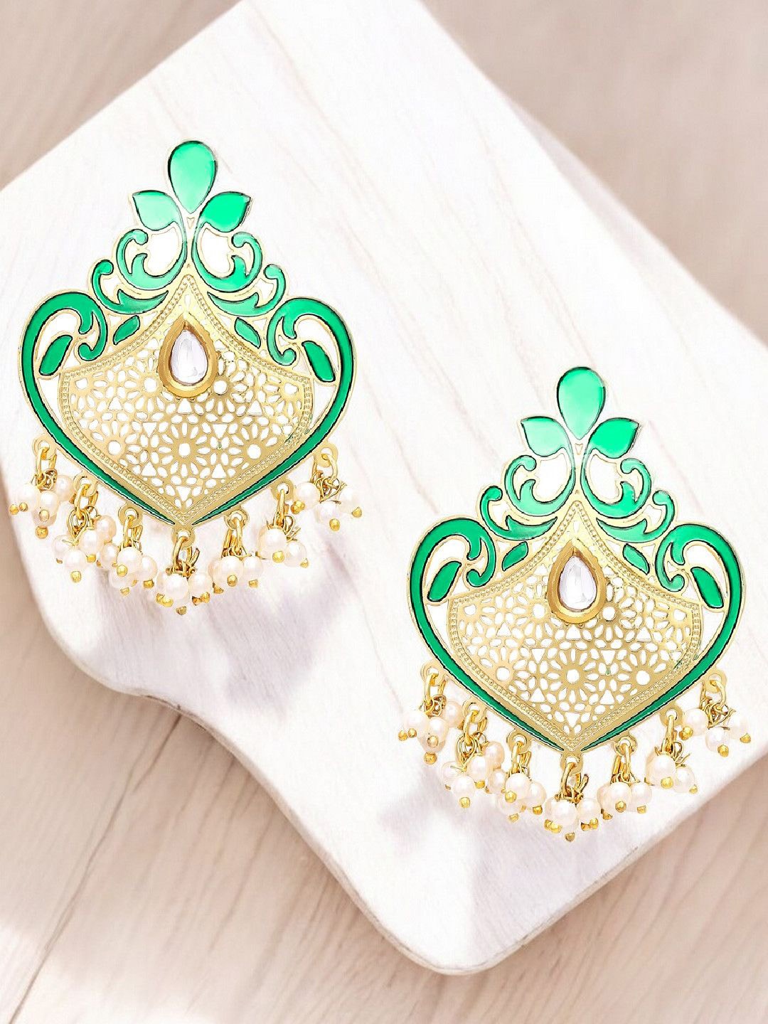 

OOMPH Meenakari Kundan Studded & Beaded Drop Earrings, Gold