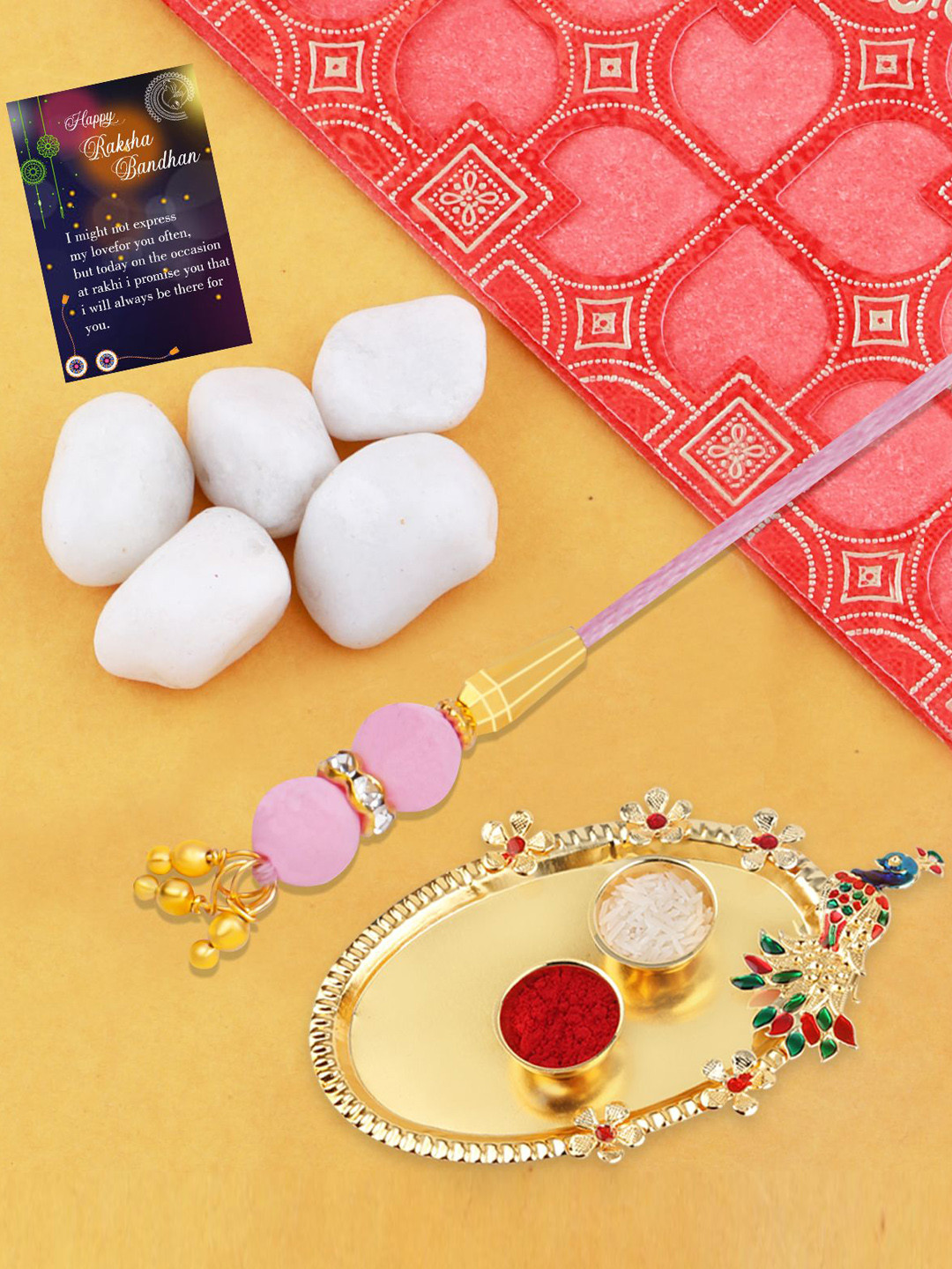 

Silver Shine 4 Pcs Designer Rakhi With Roli Chawal & 1 Greeting Card, 1 Pooja Thali, Multi
