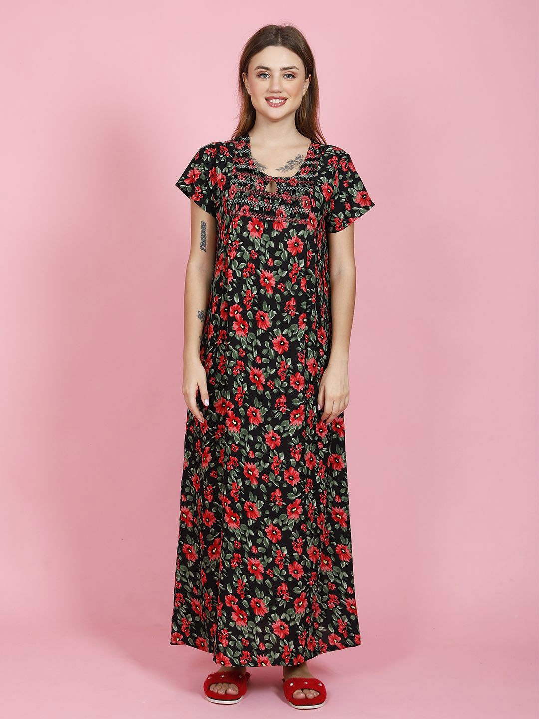 

evolove Women Printed Maxi Nightdress, Black