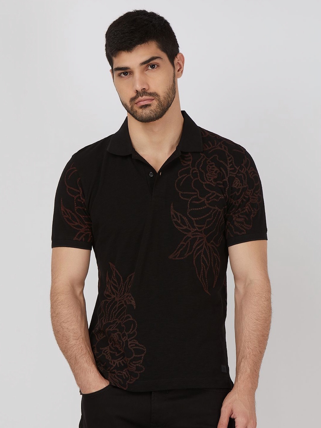 

Mufti Men Printed Polo Collar Pockets Slim Fit T-shirt, Black