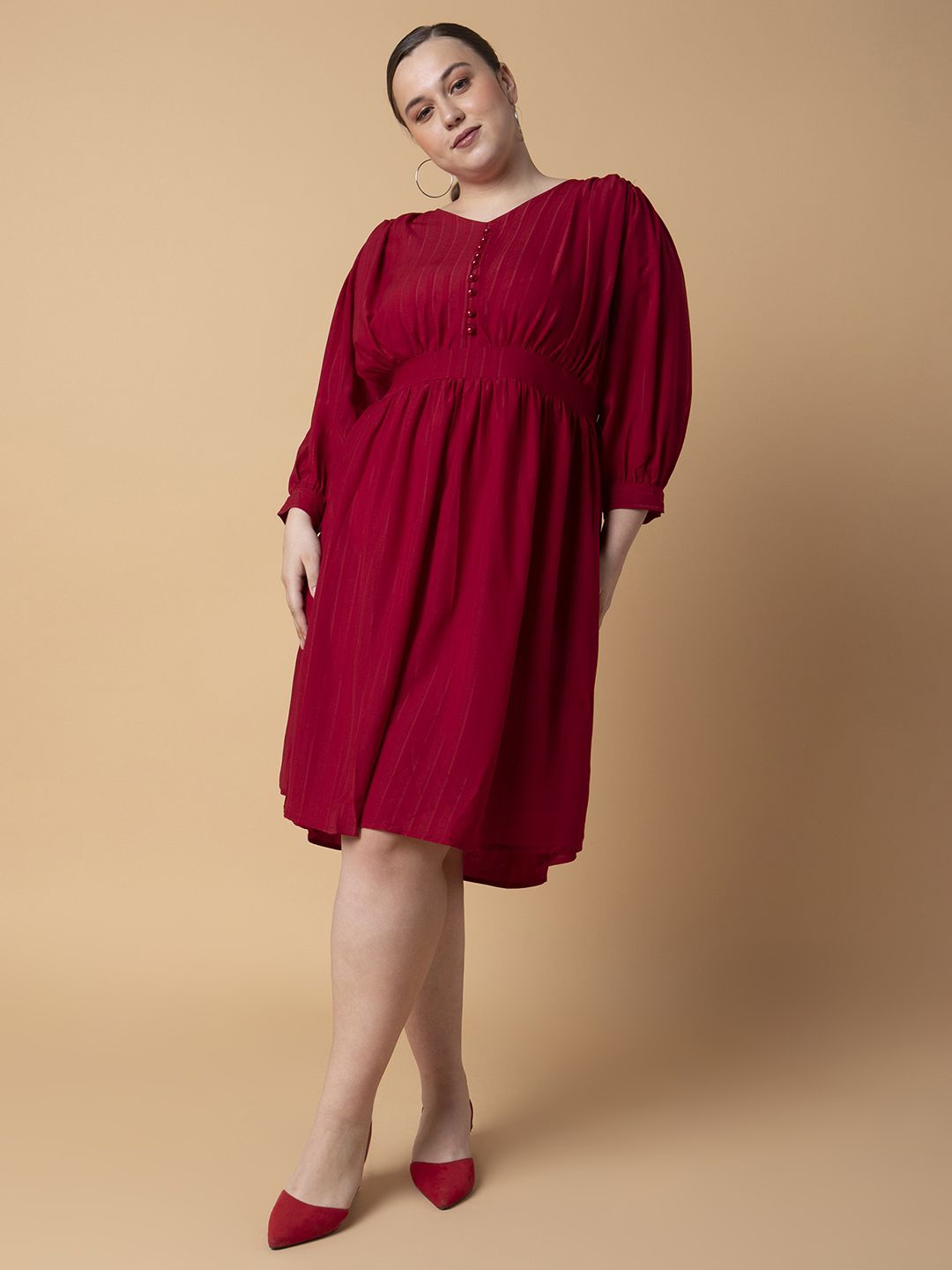 

SHOWOFF Plus Size Puff Sleeve Fit & Flare Dress, Maroon