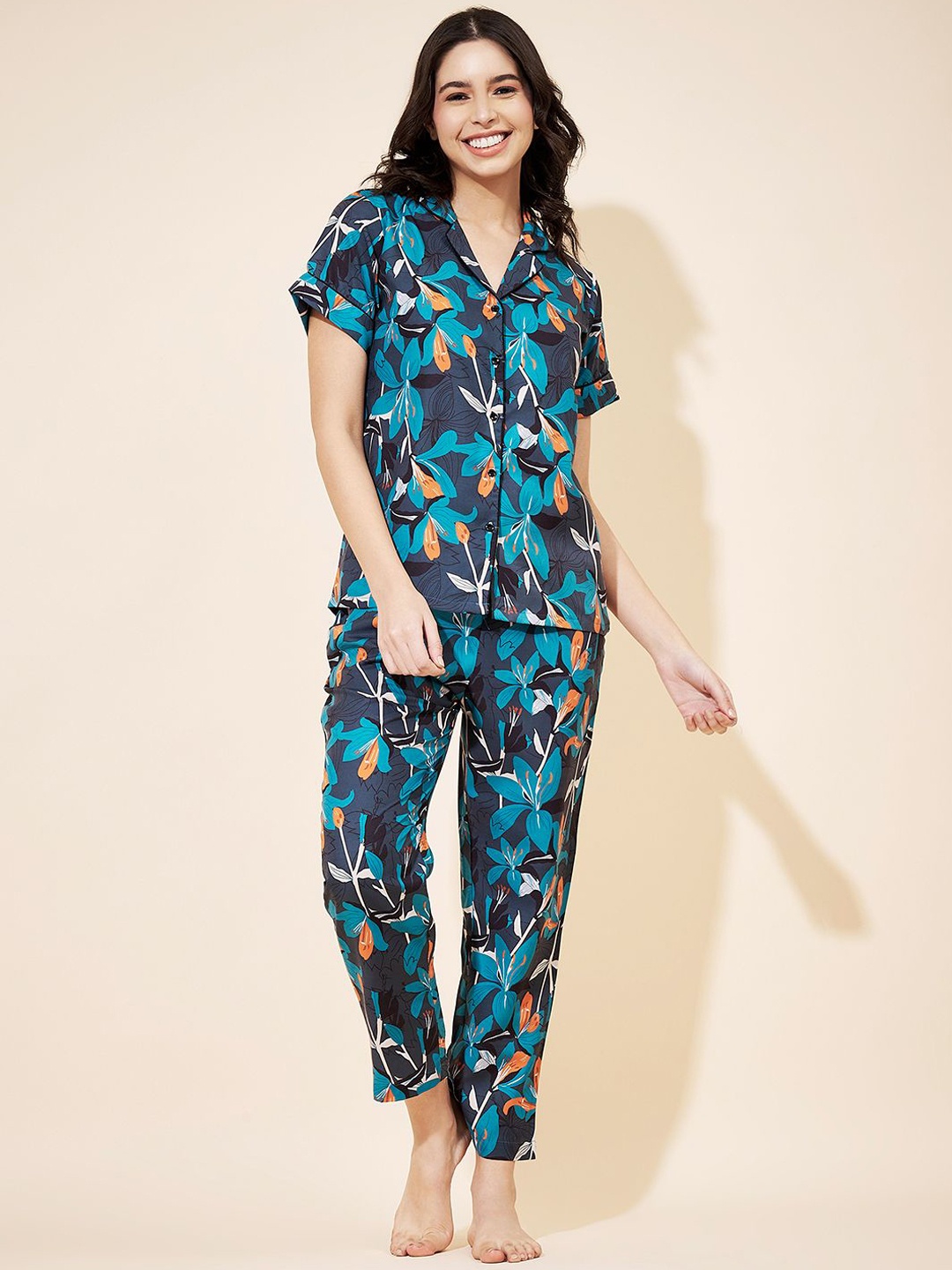 

Fbella Women Printed Lepel Collar Slip On Shirt Pyjamas Set, Teal