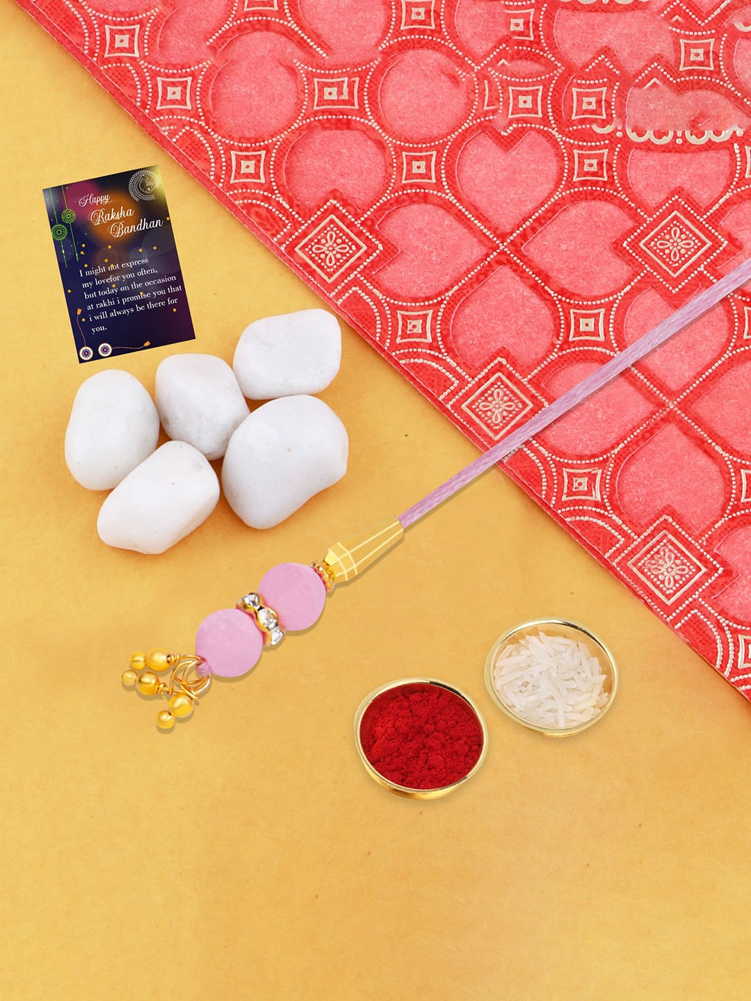 

Silver Shine Stone Studded & Beaded Lumba Rakhi With Roli Chawal & Greeting Card, Pink