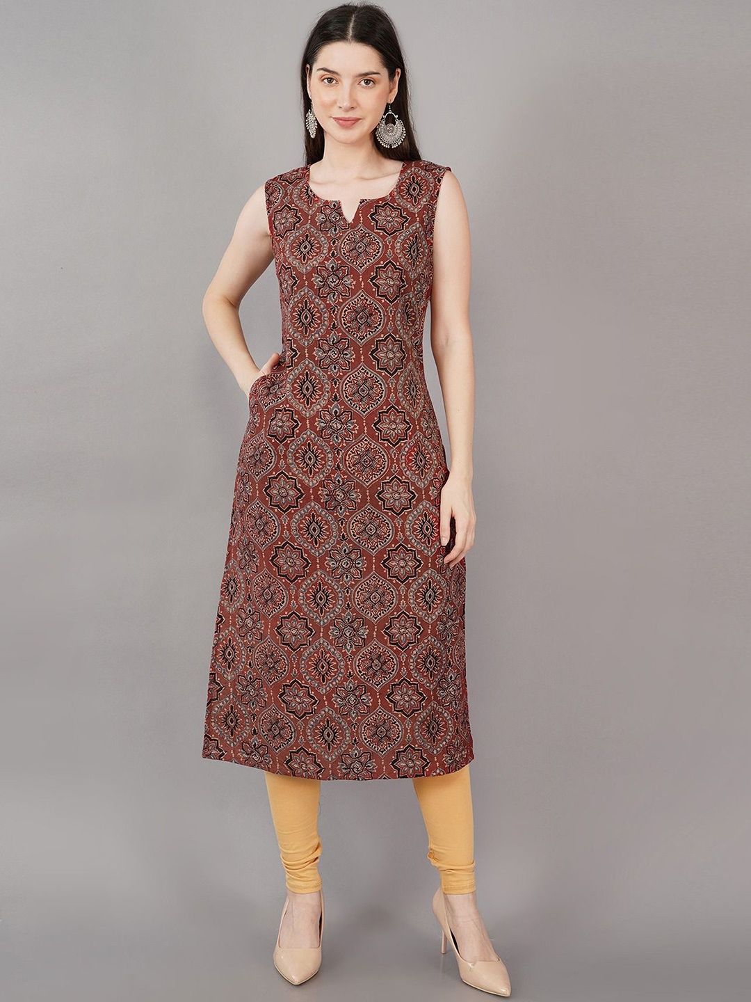 

NAVSYAA Ethnic Motifs Printed Notch Neck Sleeveless Cotton Straight Kurta, Brown