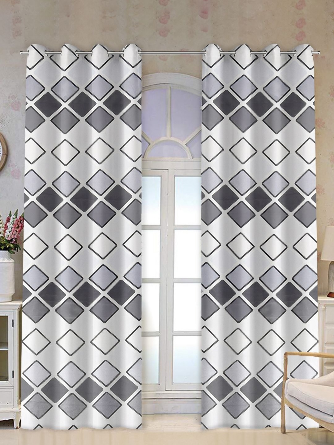 

Tesmare White & Grey Geometric Room Darkening Long Door Curtain