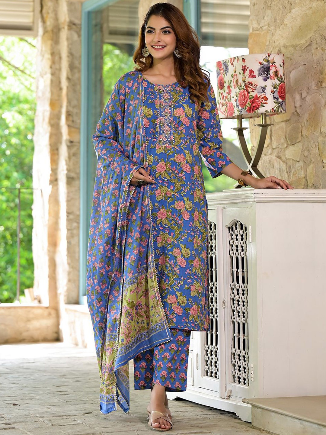 

Divena Floral Printed Gotta Patti Pure Cotton Kurta With Trousers & Dupatta, Blue