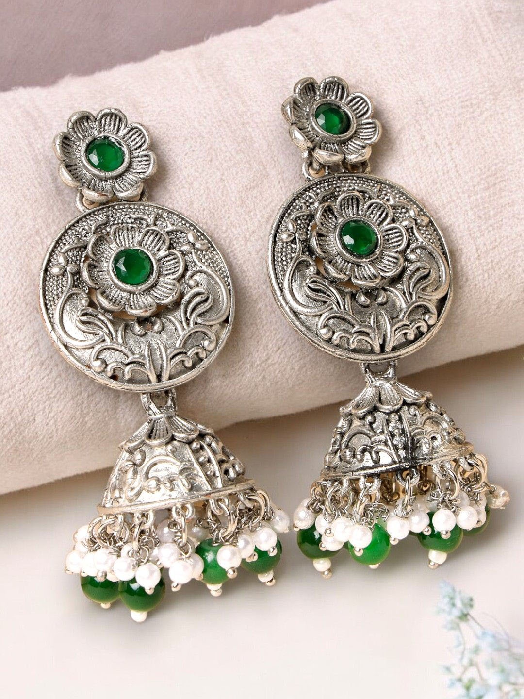 

ADIVA Silver-Plated Stones Studded & Pearls Beaded Oxidised Floral Drop Earrings