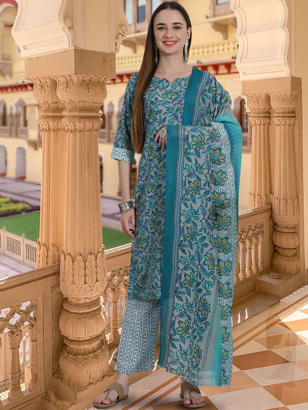 

7Threads Floral Printed Notched Round Neck Pure Cotton Kurta with Trousers & Dupatta, Grey melange