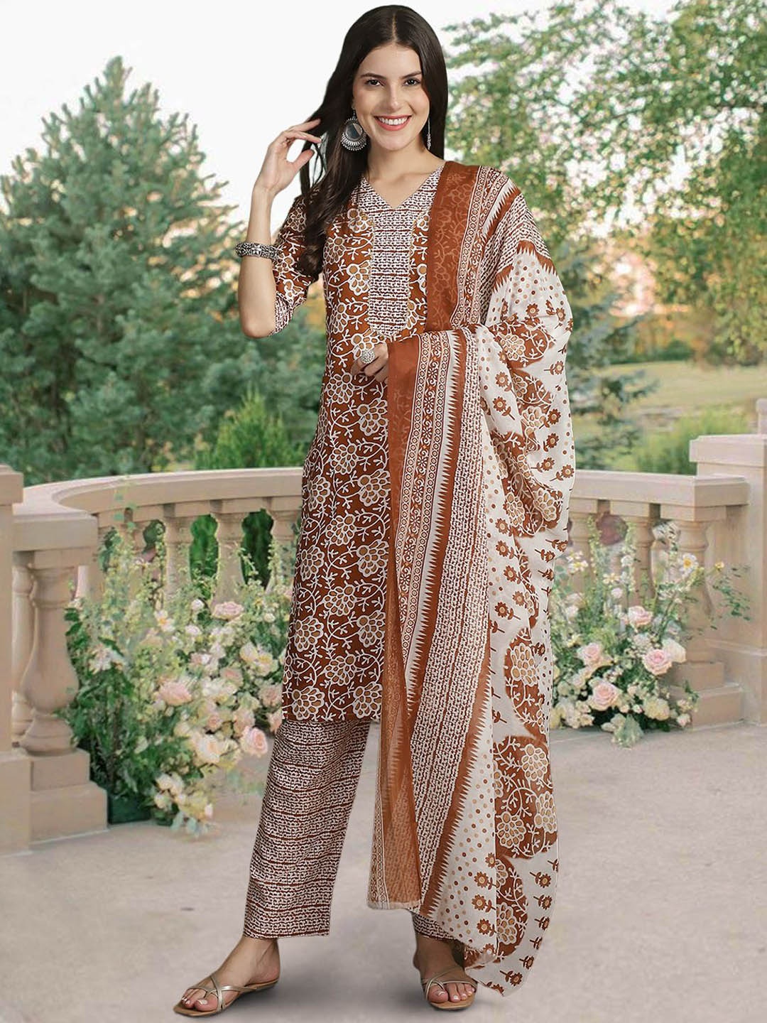 

7Threads Floral Printed Regular Pure Cotton Kurta with Trousers & Dupatta, Rust