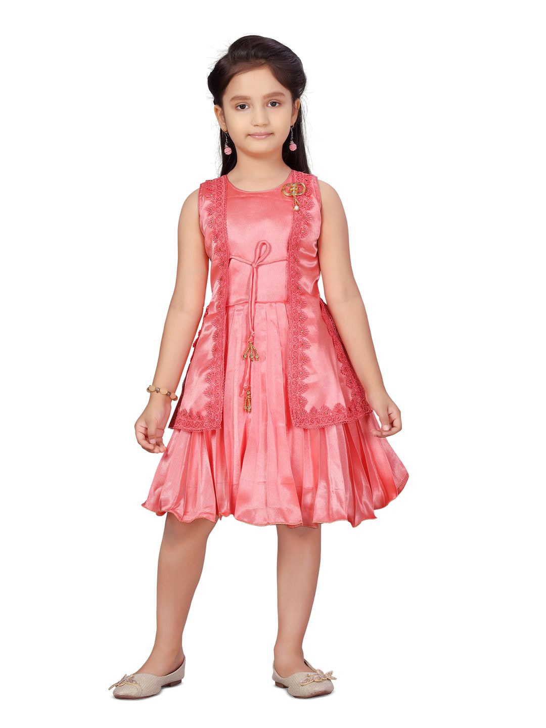 

BAESD Girls Silk Embroidered Fit & Flare Self Design Dress, Pink