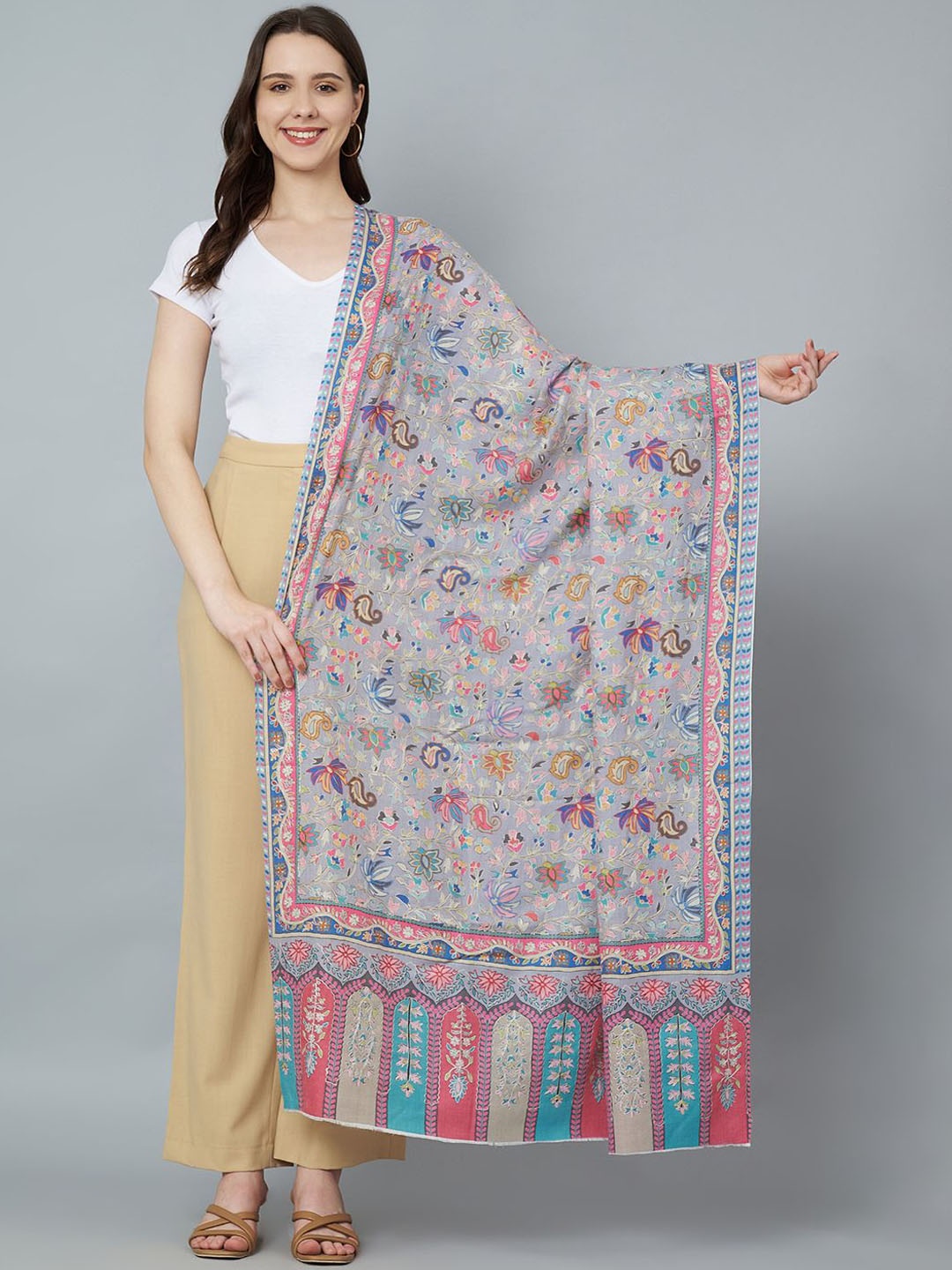 

MUFFLY Women Ethnic Motifs Embroidered Pure Woollen Shawl, Blue