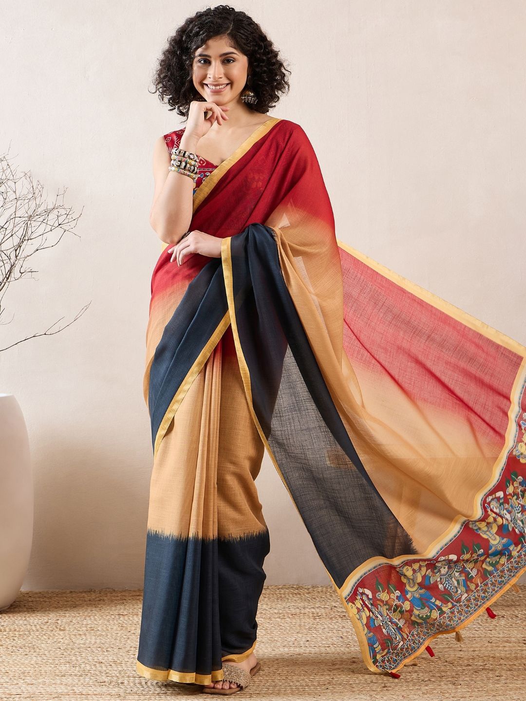 

KALINI Kalamkari Zari Saree, Red