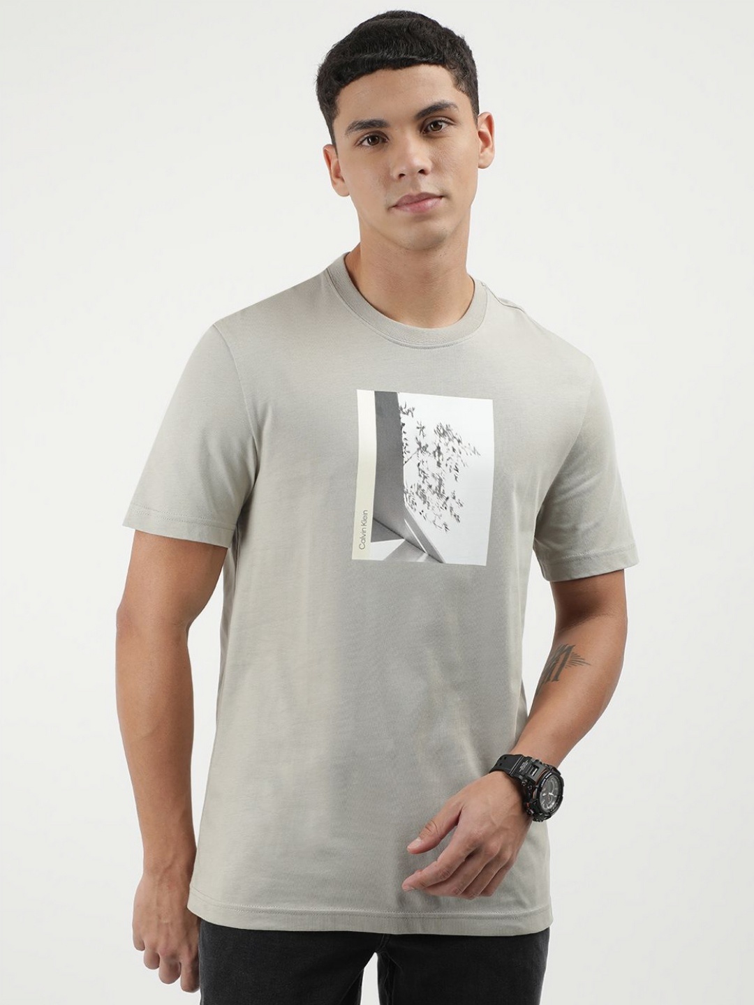 

Calvin Klein Jeans Men Printed Round Neck Cotton T-shirt, Beige