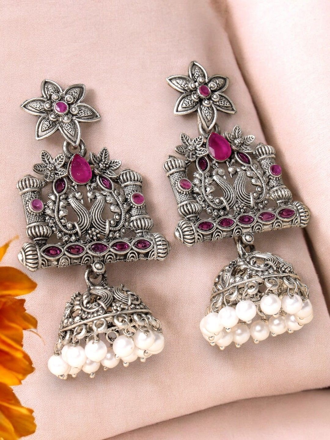 

ADIVA Silver-Plated Artificial Stones Studded Oxidised Peacock Shaped Jhumkas