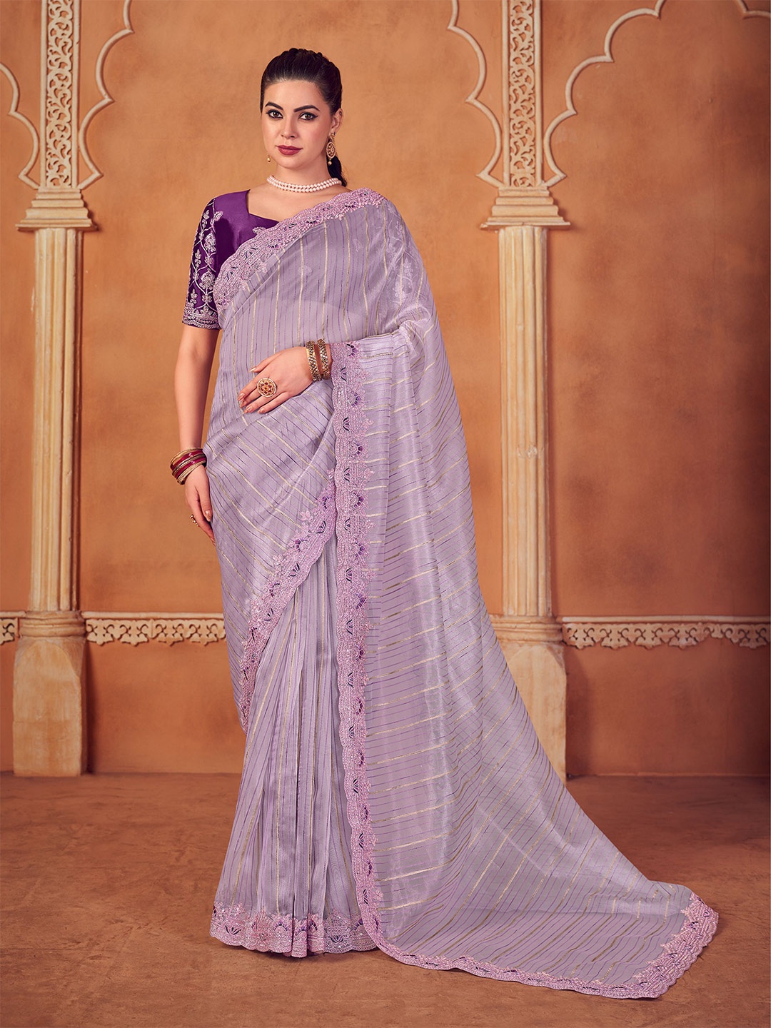 

VIRICA Striped Embroidered Organza Saree, Purple