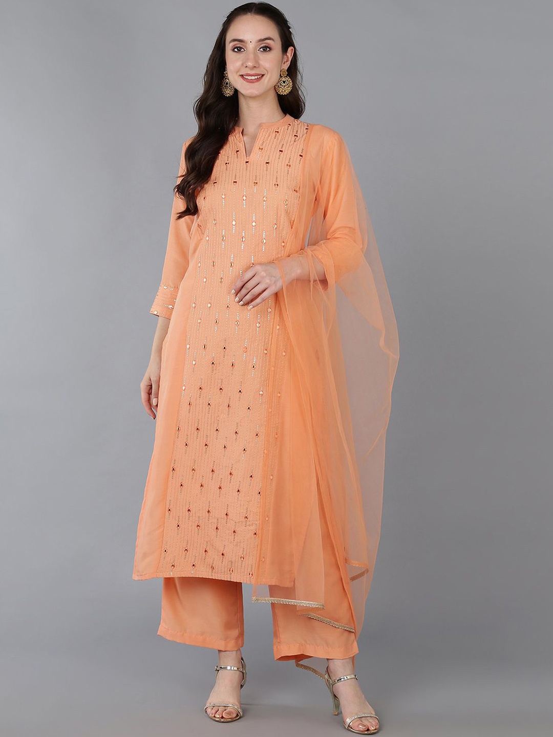 

Anouk Peach-Coloured Embroidered Regular Mirror Work Kurta with Palazzos & Dupatta
