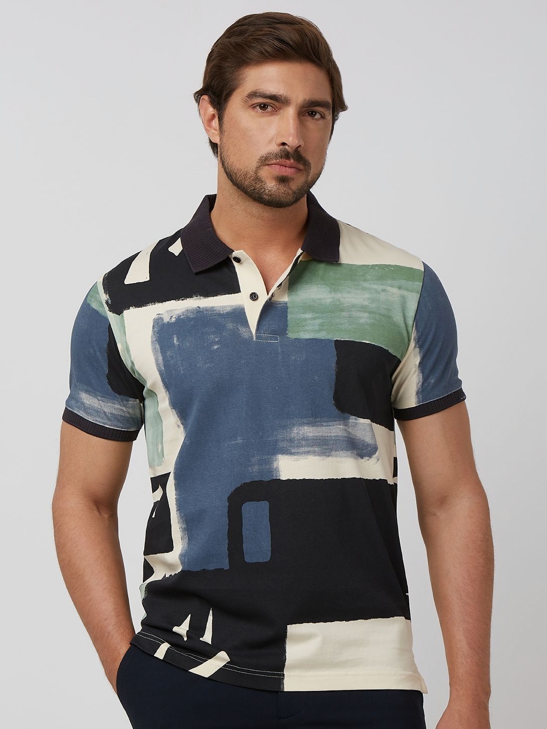 

Mufti Men Abstract Printed Polo Collar Cotton Slim Fit T-shirt, Navy blue