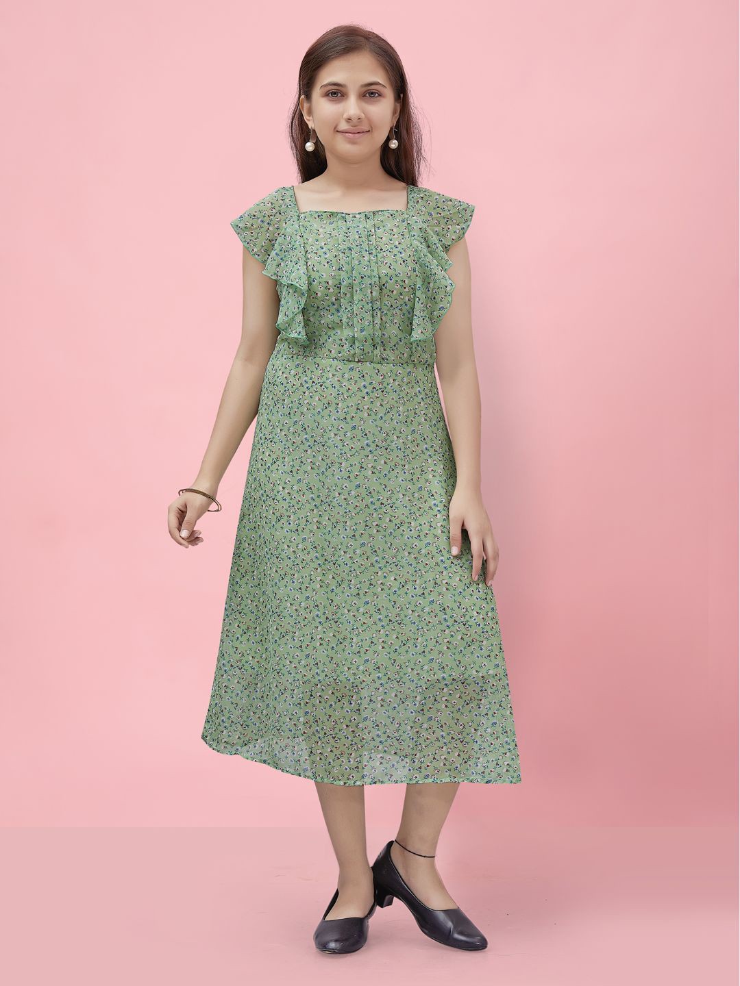 

BAESD Girls Floral Print Flutter Sleeve Georgette Fit & Flare Midi Dress, Green