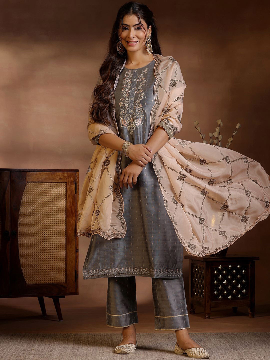 

Libas Ethnic Motifs Embroidered Straight Kurta With Trousers & Dupatta, Grey