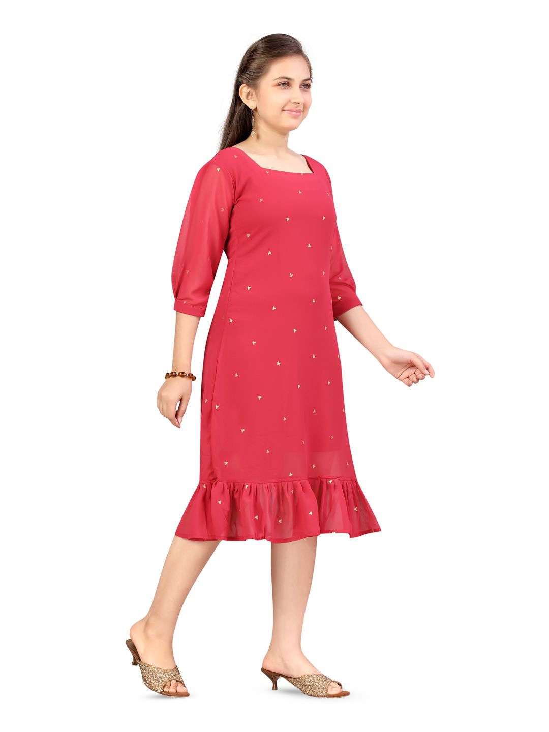 

BAESD Girls Floral Printed Georgette A-Line Midi Dress, Pink